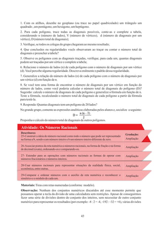 43
1. Com os atilhos, desenhe no geoplano (ou trace no papel quadriculado) um triângulo um
quadrado,umpentágono,umhexágono,umheptágono.
2. Para cada polígono, trace todas as diagonais possíveis, conte-as e complete a tabela,
considerando n (número de lados), V (número de vértices), d (número de diagonais por um
vértice),D (númerototaldediagonais);
5. Observe os polígonos com as diagonais traçadas, veriﬁque, para cada um, quantas diagonais
podemser traçadasporumvérticeecompleteatabela;
3.Veriﬁque,setodos os colegasdogrupo chegaramaomesmoresultado;
6. Relacione o número de lados (n) de cada polígono com o número de diagonais por um vértice
(d).Vocêpercebealgumaregularidade.Descrevaoralmenteopadrãodessaregularidade.
7. Generalize a relação do número de lados (n) de cada polígono com o número de diagonais por
umvértice(d)emfunçãoden.
8. Se você tem uma forma de encontrar o número de diagonais por um vértice em função do
número de lados, como você poderia calcular o número total de diagonais do polígono (D)?
Sugestão: calcule o número de diagonais de cada polígono e generalize a fórmula em função de n.
Teste a fórmula, recalculando o número total de diagonais de cada polígono a partir da fórmula
paratestá-la.
9.Responda:Quantasdiagonaistemumpolígonode20lados?
No grandegrupo, comenteasexpressões analíticaselaboradaspelosalunose,socialize aseguinte:
4. Que conclusões ou regularidades vocês observaram ao traçar ou contar o número total de
diagonaisepreencheratabela?
Proponha ocálculodo númerototaldediagonaisdeoutros polígonos.
Atividade: Os Números Racionais
Gradação:
Ampliação
Ampliação
Descritores:
25-Construir a ideia de número racional como todo o número que pode ser representado
naformaa/b,sendoaumnúmerointeiroeb umnúmerointeirodiferentedezero.
28-Usar números racionais para representar situações da realidade física, social,
econômica,entreoutras.
29-Comparar e ordenar números com o auxílio da reta numérica e reconhecer o
simétricoeomódulodecadaum.
26-Associar pontos da reta numérica a números racionais, na forma de fração e na forma
dedecimal(exata),ordenando-osecomparando-os.
27- Estender para as operações com números racionais as formas de operar com
númerosfracionáriosenúmerosinteiros.
Ampliação
Ampliação
Ampliação
Observação: Nenhum dos conjuntos numéricos discutidos até esse momento permite que
possamos operar a tecla da divisão de uma calculadora sem restrições. Apesar de conseguirmos
fazer uma série de divisões dentro do conjunto dos inteiros, sem necessitar de outro conjunto
numérico para representar os resultados (por exemplo: -8 : 2 = -4, -192 : -32 = +6), várias divisões
Materiais:Tirascomretasnumeradas(conforme modelo).
 