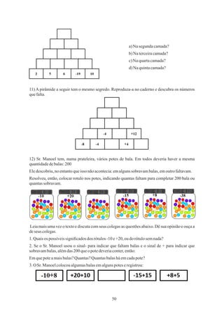 50
c)Naquartacamada?
11) A pirâmide a seguir tem o mesmo segredo. Reproduza-a no caderno e descubra os números
quefalta.
Eledescobriu,no entantoqueisso nãoacontecia:emalgunssobravambalas,emoutrofaltavam.
Leia mais uma vez o texto e discuta com seus colegas as questões abaixo. Dê sua opinião e ouça a
deseus colegas.
2. Se o Sr. Manoel usou o sinal- para indicar que faltam balas e o sinal de + para indicar que
sobravambalas,alémdas200queopotedeveriaconter,então:
3.O Sr.Manoelcolocoualgumasbalasemalgunspoteseregistrou:
d)Naquintacamada?
Resolveu, então, colocar rotulo nos potes, indicando quantas faltam para completar 200 bala ou
quantassobravam.
a)Nasegundacamada?
b)Naterceiracamada?
12) Sr. Manoel tem, numa prateleira, vários potes de bala. Em todos deveria haver a mesma
quantidadedebalas:200
1.Quaisos possíveis signiﬁcadosdos rótulos-10 e+20, ou do rótulosemnada?
Emquepoteamaisbalas?Quantas?Quantasbalasháemcadapote?
 