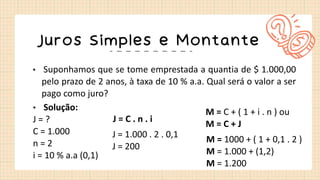Juros Simples e Montante
• Suponhamos que se tome emprestada a quantia de $ 1.000,00
pelo prazo de 2 anos, à taxa de 10 % a.a. Qual será o valor a ser
pago como juro?
• Solução:
J = ?
C = 1.000
n = 2
i = 10 % a.a (0,1)
J = C . n . i
J = 1.000 . 2 . 0,1
J = 200
M = C + ( 1 + i . n ) ou
M = C + J
M = 1000 + ( 1 + 0,1 . 2 )
M = 1.000 + (1,2)
M = 1.200
 