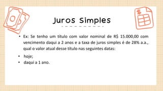 Juros Simples
• Ex: Se tenho um título com valor nominal de R$ 15.000,00 com
vencimento daqui a 2 anos e a taxa de juros simples é de 28% a.a.,
qual o valor atual desse título nas seguintes datas:
• hoje;
• daqui a 1 ano.
 