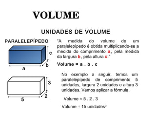 VOLUME 
UNIDADES DE VOLUME
a
b
c
PARALELEPÍPEDO
Volume = a . b . c
“A medida do volume de um
paralelepípedo é obtida multiplicando-se a
medida do comprimento a, pela medida
da largura b, pela altura c.”
5
2
3
No exemplo a seguir, temos um
paralelepípedo de comprimento 5
unidades, largura 2 unidades e altura 3
unidades. Vamos aplicar a fórmula.
Volume = 5 . 2 . 3
Volume = 15 unidades³
 