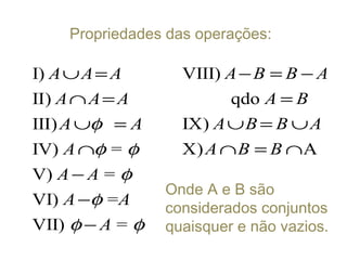 Propriedades das operações:
I)
II)
III)
IV) =
V) =
VI) =
VII) =
A A A
A A A
A A
A
A A
A A
A
φ
φ φ
φ
φ
φ φ
∪ =
∩ =
∪ =
∩
−
−
−
VIII)
qdo
IX)
X) A
A B B A
A B
A B B A
A B B
− = −
=
∪ = ∪
∩ = ∩
Onde A e B são
considerados conjuntos
quaisquer e não vazios.
 