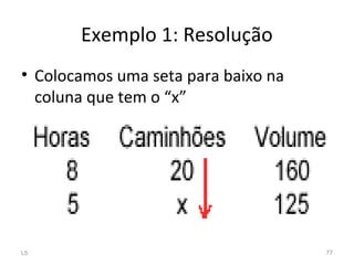 Exemplo 1: Resolução
• Colocamos uma seta para baixo na
coluna que tem o “x”
L5 77
 