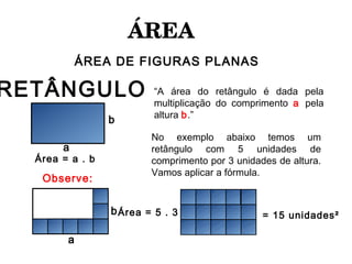 ÁREA 
ÁREA DE FIGURAS PLANAS
RETÂNGULO
a
b
Área = a . b
“A área do retângulo é dada pela
multiplicação do comprimento a pela
altura b.”
Observe:
a
b
No exemplo abaixo temos um
retângulo com 5 unidades de
comprimento por 3 unidades de altura.
Vamos aplicar a fórmula.
Área = 5 . 3 = 15 unidades²
 