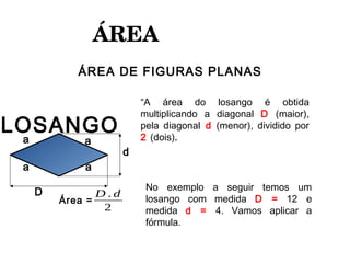 ÁREA 
ÁREA DE FIGURAS PLANAS
d
D
a
a
a
a
D . d
2
Área =
LOSANGO
“A área do losango é obtida
multiplicando a diagonal D (maior),
pela diagonal d (menor), dividido por
2 (dois).
No exemplo a seguir temos um
losango com medida D = 12 e
medida d = 4. Vamos aplicar a
fórmula.
 