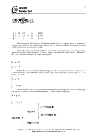 15



CNPJ: 06.306.644/0001-99




         Denominamos de sistema linear o conjunto de equações lineares na variável x com m equações e n
variáveis. Ao resolvermos um sistema linear podemos obter as seguintes condições de solução: uma única
solução, infinitas soluções ou nenhuma solução.

         Sistema Possível e Determinado (SPD): ao ser resolvido encontraremos uma única solução, isto é,
apenas um único valor para as incógnitas. O sistema a seguir é considerado um sistema possível e determinado,
pois a única solução existente para ele é o par ordenado (9,1).



X + y = 10

X–y = 8
          Sistema Possível e Indeterminado (SPI): esse tipo de sistema possui infinitas soluções, os valores de x e
y assumem inúmeros valores. Observe o sistema a seguir, x e y podem assumir mais de um valor, (1,-3), (3,110,
(0,-5), (1/2,-4) e etc.

2x - y = 5


4x - 2y =10
         Sistema Impossível (SI): ao ser resolvido, não encontraremos soluções possíveis para as incógnitas, por
isso esse tipo de sistema é classificado como impossível. O sistema a seguir é impossível.

x + y=6


3x + 3y = 9

                                             Determinado
                       Possível
                                             Indeterminado
Sistema
                        Impossível

         Rua Morais e Silva, 94 – Maracanã – Rio de Janeiro – RJ – Cep: 20271-030 – Tel.: 2567-0197 / 2204-9310
                                  www.colegiogbell.com.br – colégio@colegiogbell.com.br
 