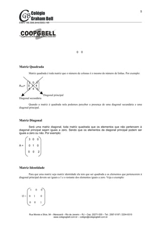 5



CNPJ: 06.306.644/0001-99




                                                       0   0




Matriz Quadrada
        Matriz quadrada é toda matriz que o número de colunas é o mesmo do número de linhas. Por exemplo:


        2 0 5
A3x3=   0 1 4
        6 4 3

                                Diagonal principal
Diagonal secundária

        Quando a matriz é quadrada nela podemos perceber a presença de uma diagonal secundária e uma
diagonal principal.



Matriz Diagonal
        Será uma matriz diagonal, toda matriz quadrada que os elementos que não pertencem à
diagonal principal sejam iguais a zero. Sendo que os elementos da diagonal principal podem ser
iguais a zero ou não. Por exemplo:

        3 0             0

A=      0 1             0

        0       0       2




Matriz Identidade
        Para que uma matriz seja matriz identidade ela tem que ser quadrada e os elementos que pertencerem à
diagonal principal devem ser iguais a 1 e o restante dos elementos iguais a zero. Veja o exemplo:



            1       0       0

  I3 = 0        1           0

         0      0           1



        Rua Morais e Silva, 94 – Maracanã – Rio de Janeiro – RJ – Cep: 20271-030 – Tel.: 2567-0197 / 2204-9310
                                 www.colegiogbell.com.br – colégio@colegiogbell.com.br
 