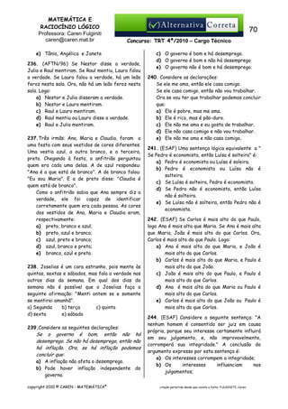 MATEMÁTICA E
RACIOCÍNIO LÓGICO
Professora: Caren Fulginiti
caren@caren.mat.br

70
Concurso: TRT 4ª/2010 – Cargo Técnico

e) Tânia, Angélica e Janete
236. (AFTN/96) Se Nestor disse a verdade,
Julia e Raul mentiram. Se Raul mentiu, Lauro falou
a verdade. Se Lauro falou a verdade, há um leão
feroz nesta sala. Ora, não há um leão feroz nesta
sala. Logo:
a) Nestor e Julia disseram a verdade.
b) Nestor e Lauro mentiram.
c) Raul e Lauro mentiram.
d) Raul mentiu ou Lauro disse a verdade.
e) Raul e Julia mentiram.
237.Três irmãs: Ana, Maria e Claudia, foram a
uma festa com seus vestidos de cores diferentes.
Uma vestia azul, a outra branco, e a terceira,
preto. Chegando à festa, o anfitrião perguntou
quem era cada uma delas. A de azul respondeu:
"Ana é a que está de branco". A de branco falou:
"Eu sou Maria". E a de preto disse: "Claudia é
quem está de branco".
Como o anfitrião sabia que Ana sempre diz a
verdade, ele foi capaz de identificar
corretamente quem era cada pessoa. As cores
dos vestidos de Ana, Maria e Claudia eram,
respectivamente:
a) preto, branco e azul;
b) preto, azul e branco;
c) azul, preto e branco;
d) azul, branco e preto;
e) branco, azul e preto.
238. Joselias é um cara estranho, pois mente às
quintas, sextas e sábados, mas fala a verdade nos
outros dias da semana. Em qual dos dias da
semana não é possível que o Joselias faça a
seguinte afirmação: "Menti ontem se e somente
se mentirei amanhã".
a) Segunda
b) terça
c) quinta
d) sexta
e) sábado
239.Considere as seguintes declarações:

Se o governo é bom, então não há
desemprego. Se não há desemprego, então não
há inflação. Ora, se há inflação podemos
concluir que:
a) A inflação não afeta o desemprego.
b) Pode haver inflação independente
governo.
copyright 2010 © CAREN - MATEMÁTICA®

do

c) O governo é bom e há desemprego.
d) O governo é bom e não há desemprego
e) O governo não é bom e há desemprego.
240. Considere as declarações:
Se ele me ama, então ele casa comigo.
Se ele casa comigo, então não vou trabalhar.
Ora se vou ter que trabalhar podemos concluir
que:
a) Ele é pobre, mas me ama.
b) Ele é rico, mas é pão-duro.
c) Ele não me ama e eu gosto de trabalhar.
d) Ele não casa comigo e não vou trabalhar.
e) Ele não me ama e não casa comigo,
241. (ESAF) Uma sentença lógica equivalente a "
Se Pedro é economista, então Luísa é solteira" é:
a) Pedro é economista ou Luísa é soleira.
b) Pedro é economista ou Luísa não é
solteira.
c) Se Luísa é solteira, Pedro é economista.
d) Se Pedro não é economista, então Luísa
não é solteira.
e) Se Luísa não é solteira, então Pedro não é
economista.
242. (ESAF) Se Carlos é mais alto do que Paulo,
logo Ana é mais alta que Maria. Se Ana é mais alta
que Maria, João é mais alto do que Carlos. Ora,
Carlos é mais alto do que Paulo. Logo:
a) Ana é mais alta do que Maria, e João é
mais alto do que Carlos.
b) Carlos é mais alto do que Maria, e Paulo é
mais alto do que João.
c) João é mais alto do que Paulo, e Paulo é
mais alto do que Carlos.
d) Ana é mais alta do que Maria ou Paulo é
mais alto do que Carlos.
e) Carlos é mais alto do que João ou Paulo é
mais alto do que Carlos.
244. (ESAF) Considere a seguinte sentença: "A
nenhum homem é consentido ser juiz em causa
própria, porque seu interesse certamente influirá
em seu julgamento, e, não improvavelmente,
corromperá sua integridade." A conclusão do
argumento expresso por esta sentença é:
a) Os interesses corrompem a integridade;
b) Os
interesses
influenciam
nos
julgamentos;
citação permitida desde que conste a fonte: FULGINITI, Caren.

 