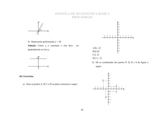APOSTILA DE MATEMÁTICA BÁSICA
                                              PROF SÉRGIO
                       y                                                                                                                   y
                                                                                                                                           5

                                                                                                                                           4

                           60º                                                                                                                 3
                       0         x                                                                                                         2

                                                                                                                                               1
                                                                                              -5        -4   -3          -2       -1               1       2       3   4   5
                                                                                                                                                                               x
                                                                                                                                           -1
        b) Representar graficamente y = 20.                                                                                                -2

        Solução: Como y é constante a reta deve                                                                                            -3

                                                                        A 0, - 2
                                                             ser
                                                                                                                                           -4
        perpendicular ao eixo y.                                                                                                           -5
                                                                        B 4, 0
                                                                        C 1, 3
                       y
                  20                                                    D - 2, - 3
                                                                        b) Dê as coordenadas dos pontos P, Q, R e S da figura a
                       0         x                                          seguir.

                                                                                                             y
                                                                                                             5

                                                                                                             4
65) Exercícios
                                                                                         Q
                                                                                                                 3

                                                                                                             2
   a) Situe os pontos A, B, C e D no plano cartesiano a seguir.                                                                        P
                                                                                                                 1
                                                                          -5   -4   -3   -2        -1                1        2        3   4           5
                                                                                                                                                               x
                                                                                                             -1
                                                                                                                                       S
                                                                                                             -2

                                                                                                             -3
                                                                                                   R
                                                                                                             -4

                                                                                                             -5




                                                                   46
 