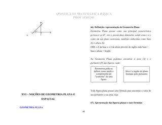 APOSTILA DE MATEMÁTICA BÁSICA
                                    PROF SÉRGIO
                y

                5
                                             66) Definição e apresentação da Geometria Plana
          45º
                0    x
                                             Geometria Plana possui como sua principal característica
    e.                                       pertencer ao R2, isto é, possui duas dimensões sendo estas x e y
                                             como em um plano cartesiano, também conhecidas como base
                                             (b) e altura (h).
                                             OBS: o b da base e o h da altura provem do inglês onde base =
                                             base e altura = height.


                                             Na Geometria Plana podemos encontrar a área (A) e o
                                             perímetro (P) das figuras, onde:

                                                  Perímetros pode-se
                                                 definir como sendo o            Área é o região do plano
                                                   comprimento do                limitado pelo perímetro
                                                  “contorno” de uma
                                                         figura.



                                             Toda figura plana possui uma fórmula para encontrar o valor de
 XVI – NOÇÕES DE GEOMETRIA PLANA E           seu perímetro e sua área, veja:
                ESPACIAL
                                             67) Apresentação das figuras planas e suas fórmulas

GEOMETRIA PLANA
                                        48
 