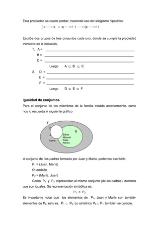 Esta propiedad se puede probar, haciendo uso del silogismo hipotético
( p  q  q  r )  (p  r )
Escribe dos grupos de tres conjuntos cada uno, donde se cumpla la propiedad
transitiva de la inclusión.
1. A = __________________________________________________
B = __________________________________________________
C = __________________________________________________
Luego A  B  C
2. D = _________________________________________________
E = _________________________________________________
F = _________________________________________________
Luego D  E  F
Igualdad de conjuntos
Para el conjunto de los miembros de la familia tratado anteriormente, como
nos lo recuerda el siguiente gráfico
F
al conjunto de los padres formado por Juan y María, podemos escribirlo
P1 = {Juan, María}
O también
P2 = {María, Juan}
Como P1 y P2 representan al mismo conjunto (de los padres), decimos
que son iguales. Su representación simbólica es:
P1 = P2
Es importante notar que los elementos de P1, Juan y María son también
elementos de P2, esto es, P1  P2. Lo simétrico P2  P1, también se cumple.
P
Juan
María
H
Elena
Manuel
Dalia
Néstor
 