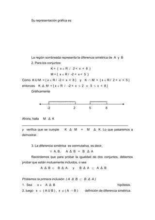Su representación gráfica es:
La región sombreada representa la diferencia simétrica de A y B
2. Para los conjuntos
K = { x  R / 2 < x < 8 }
M = { x  R / -2 < x < 5 }
Como K U M = { x  R / -2 < x < 8 } y K  M = { x  R / 2 < x < 5 }
entonces K Δ M = { x  R / -2 < x  2 v 5  x < 8 }
Gráficamente
********************* [*************
-2 2 5 8
Ahora, halla M Δ K
_____________________________________________________________
y verifica que se cumple K Δ M = M Δ K. Lo que pasaremos a
demostrar.
3. La diferencia simétrica es conmutativa, es decir,
 A, B, A Δ B = B Δ A
Recordemos que para probar la igualdad de dos conjuntos, debemos
probar que están mutuamente incluidos, o sea
A Δ B  B Δ A y B Δ A  A Δ B
Probemos la primera inclusión ( A Δ B  B Δ A )
1. Sea x  A Δ B hipótesis.
2. luego x  ( A U B ) , x  ( A  B ) definición de diferencia simétrica.
 