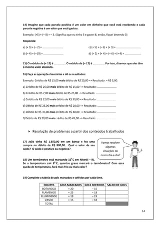 14
14) Imagine que cada parcela positiva é um valor em dinheiro que você está recebendo e cada
parcela negativa é um valor que você gastou.
Exemplo: (+5) + (– 8) = – 3. (Significa que eu tinha 5 e gastei 8, então, fiquei devendo 3)
Responda:
a) (+ 3) + (– 2) = ............................
b) (– 4) + (+10) = ...........................
c) (+ 5) + (– 6) + (+ 3) = .................................
d) (– 2) + (+ 4) + (– 6) + (+ 4) = ......................
15) O módulo de (+ 12) é ............... O módulo de (– 12) é ............... Por isso, dizemos que eles têm
o mesmo valor absoluto.
16) Faça as operações bancárias e dê os resultados:
Exemplo: Crédito de R$ 15,00 mais débito de R$ 20,00 –> Resultado: – R$ 5,00.
a) Crédito de R$ 25,00 mais débito de R$ 15,00 –> Resultado: ..........................
b) Crédito de R$ 7,00 mais débito de R$ 25,00 –> Resultado: ...........................
c) Crédito de R$ 12,00 mais débito de R$ 30,00 –> Resultado: .........................
d) Débito de R$ 25,00 mais crédito de R$ 28,00 –> Resultado: .........................
e) Débito de R$ 35,00 mais crédito de R$ 40,00 –> Resultado: .........................
f) Débito de R$ 20,00 mais crédito de R$ 45,00 –> Resultado: ..........................
Resolução de problemas a partir dos conteúdos trabalhados
17) João tinha R$ 1.650,00 em um banco e fez uma
compra no débito de R$ 800,00. Qual o valor de seu
saldo? O saldo é positivo ou negativo?
18) Um termômetro está marcando 320
C em Niterói – RJ.
Se a temperatura cair 80
C, quantos graus marcará o termômetro? Com essa
queda de temperatura, fará mais frio ou mais calor?
19) Complete a tabela de gols marcados e sofridos por cada time.
EQUIPES GOLS MARCADOS GOLS SOFRIDOS SALDO DE GOLS
BOTAFOGO + 20 – 15
FLAMENGO + 25 – 18
FLUMINENSE + 19 – 19
VASCO + 15 – 18
TOTAL
Vamos resolver
algumas
situações do
nosso dia-a-dia?
 