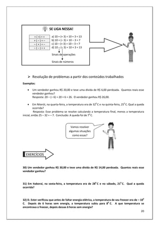 20
SE LIGA NESSA!
a) 10 + (+ 3) = 10 + 3 = 13
b) 10 + (– 3) = 10 – 3 = 7
c) 10 – (+ 3) = 10 – 3 = 7
d) 10 – (– 3) = 10 + 3 = 13
Sinais de operações
Sinais de números
Resolução de problemas a partir dos conteúdos trabalhados
Exemplos:
• Um vendedor ganhou R$ 20,00 e teve uma dívida de R$ 6,00 perdoada. Quantos reais esse
vendedor ganhou?
Resposta: 20 – (– 6) = 20 + 6 = 26. O vendedor ganhou R$ 26,00.
• Em Niterói, na quarta-feira, a temperatura era de 320
C e na quinta-feira, 250
C. Qual a queda
ocorrida?
Resposta: Esse problema se resolve calculando a temperatura final, menos a temperatura
inicial, então 25 – 32 = – 7. Conclusão: A queda foi de 70
C.
EXERCÍCIOS
30) Um vendedor ganhou R$ 30,00 e teve uma dívida de R$ 14,00 perdoada. Quantos reais esse
vendedor ganhou?
31) Em Itaboraí, na sexta-feira, a temperatura era de 280
C e no sábado, 210
C. Qual a queda
ocorrida?
32) D. Ester verificou que antes de faltar energia elétrica, a temperatura de seu freezer era de – 100
C. Depois de 6 horas sem energia, a temperatura subiu para 80
C. A que temperatura se
encontrava o freezer, depois dessas 6 horas sem energia?
+ ( +) = +
+ ( – ) = –
– ( + ) = –
– ( – ) = +
Vamos resolver
algumas situações
como essas?
 