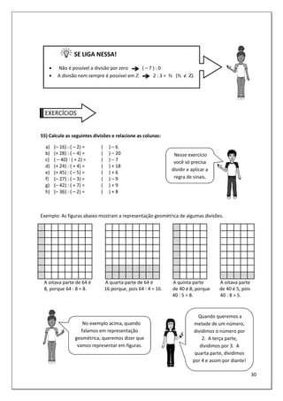 30
SE LIGA NESSA!
• Não é possível a divisão por zero ( – 7 ) : 0
• A divisão nem sempre é possível em Ζ 2 : 3 = ⅔ (⅔ ∉ Ζ)
EXERCÍCIOS
55) Calcule as seguintes divisões e relacione as colunas:
a) (– 16) : ( – 2) = ( ) – 6
b) (+ 28) : ( – 4) = ( ) – 20
c) ( – 40) : ( + 2) = ( ) – 7
d) (+ 24) : ( + 4) = ( ) + 18
e) (+ 45) : ( – 5) = ( ) + 6
f) (– 27) : ( – 3) = ( ) – 9
g) (– 42) : ( + 7) = ( ) + 9
h) (– 36) : ( – 2) = ( ) + 8
Exemplo: As figuras abaixo mostram a representação geométrica de algumas divisões.
A oitava parte de 64 é A quarta parte de 64 é A quinta parte A oitava parte
8, porque 64 : 8 = 8. 16 porque, pois 64 : 4 = 16. de 40 é 8, porque de 40 é 5, pois
40 : 5 = 8. 40 : 8 = 5.
Nesse exercício
você só precisa
dividir e aplicar a
regra de sinais.
Quando queremos a
metade de um número,
dividimos o número por
2. A terça parte,
dividimos por 3. A
quarta parte, dividimos
por 4 e assim por diante!
No exemplo acima, quando
falamos em representação
geométrica, queremos dizer que
vamos representar em figuras.
 