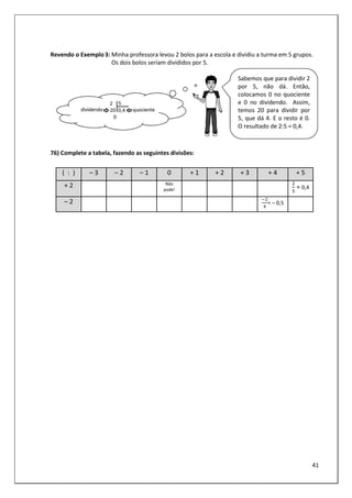 41
Revendo o Exemplo3: Minha professora levou 2 bolos para a escola e dividiu a turma em 5 grupos.
Os dois bolos seriam divididos por 5.
76) Complete a tabela, fazendo as seguintes divisões:
( : ) – 3 – 2 – 1 0 + 1 + 2 + 3 + 4 + 5
+ 2 Não
pode! = 0,4
– 2 = – 0,5
Sabemos que para dividir 2
por 5, não dá. Então,
colocamos 0 no quociente
e 0 no dividendo. Assim,
temos 20 para dividir por
5, que dá 4. E o resto é 0.
O resultado de 2:5 = 0,4.
 