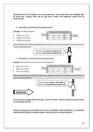 58
8) Uma foto tem 3 cm de largura e 4 cm de comprimento. Se eu quiser fazer uma ampliação dela,
de forma que a largura tenha 48 cm, para que se tenha uma proporção, quanto terá de
comprimento?
Grandezas diretamente proporcionais
Exemplo: Um ônibus percorre...
• 50 km, em 1 hora.
• 100 km, em 2 horas.
• 150 km, em 3 horas.
Duas grandezas são diretamente proporcionais, quando ao aumentar uma delas, a outra aumenta na
mesma razão da primeira.
Grandezas inversamente proporcionais
Exemplo: Um ônibus faz um percurso com velocidade de...
• 60 km, em 1 hora.
• 30 km, em 2 horas.
• 15 km, em 3 horas.
Duas grandezas são inversamente proporcionais quando, ao aumentar uma delas, a outra diminui na
mesma razão da primeira.
9) Uma torneira despeja 40 litros de água a cada 20 minutos. Quanto tempo levará para encher
um reservatório de 1m3
?
10) Um carro percorreu uma distância em 3 horas, à velocidade média de 80 km/h. Se a velocidade
média fosse de 60 km/h, em quanto tempo o carro percorreria a mesma distância?
EXERCÍCIOS
Pelo exemplo, tempo e distância são
grandezas diretamente proporcionais.
Pelo exemplo, tempo e velocidade são
grandezas inversamente proporcionais.
 