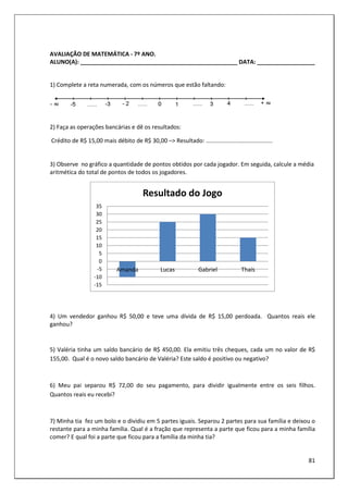 81
AVALIAÇÃO DE MATEMÁTICA - 7º ANO.
ALUNO(A): _________________________________________________ DATA: __________________
1) Complete a reta numerada, com os números que estão faltando:
2) Faça as operações bancárias e dê os resultados:
Crédito de R$ 15,00 mais débito de R$ 30,00 –> Resultado: .........................................
3) Observe no gráfico a quantidade de pontos obtidos por cada jogador. Em seguida, calcule a média
aritmética do total de pontos de todos os jogadores.
4) Um vendedor ganhou R$ 50,00 e teve uma dívida de R$ 15,00 perdoada. Quantos reais ele
ganhou?
5) Valéria tinha um saldo bancário de R$ 450,00. Ela emitiu três cheques, cada um no valor de R$
155,00. Qual é o novo saldo bancário de Valéria? Este saldo é positivo ou negativo?
6) Meu pai separou R$ 72,00 do seu pagamento, para dividir igualmente entre os seis filhos.
Quantos reais eu recebi?
7) Minha tia fez um bolo e o dividiu em 5 partes iguais. Separou 2 partes para sua família e deixou o
restante para a minha família. Qual é a fração que representa a parte que ficou para a minha família
comer? E qual foi a parte que ficou para a família da minha tia?
-15
-10
-5
0
5
10
15
20
25
30
35
Amanda Lucas Gabriel Thaís
Resultado do Jogo
 