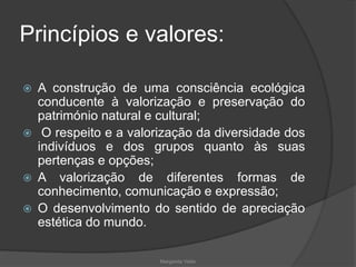 Princípios e valores:
 A construção de uma consciência ecológica
conducente à valorização e preservação do
património natural e cultural;
 O respeito e a valorização da diversidade dos
indivíduos e dos grupos quanto às suas
pertenças e opções;
 A valorização de diferentes formas de
conhecimento, comunicação e expressão;
 O desenvolvimento do sentido de apreciação
estética do mundo.
Margarida Vieito
 