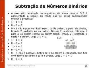 Sistemas de Numeração e Aritmética Computacional 10
Subtração de Números Binários
• A execução detalhada do algoritmo de soma para o Ex2 é
apresentada a seguir, de modo que se possa compreender
melhor o processo:
• 1 – 1 = 0
• 0 – 0 = 0
• 0 – 1 não é possível. Retira-se 1 da 5a ordem, a partir da direita,
ficando 2 unidades na 4a ordem. Dessas 2 unidades, retira-se 1
para a 3a ordem (nesta 3a ordem ficam, então, 2), restando 1
nesta 4a ordem. Logo 2-1 = 1.
• 1 – 1 = 0
• 0 – 0 = 0
• 1 – 1 = 0
• 0 – 0 = 0
• 0 – 1 não é possível. Retira-se 1 da ordem à esquerda, que fica
com zero e passa-se 2 para a direita. Logo 2 – 1 = 1
• 0 – 0 = 0
 