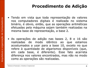 Sistemas de Numeração e Aritmética Computacional 4
Procedimento de Adição
• Tendo em vista que toda representação de valores
nos computadores digitais é realizada no sistema
binário, é obvio, então, que as operações aritméticas
efetuadas pela máquina sejam também realizadas na
mesma base de representação, a base 2.
• As operações de adição nas bases 2, 8 e 16 são
realizadas de modo idêntico ao que estamos
acostumados a usar para a base 10, exceto no que
refere à quantidade de algarismos disponíveis (que,
em cada base, é diferente). Esse fato acarreta
diferença nos valores encontrados, mas não no modo
como as operações são realizadas.
 