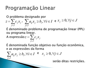 O problema designado por                ,                                 eÉ denominado problema de programação linear (PPL) ou programa linear.A expressãoÉ denominada função objetivo ou função econômica, e as expressões da forma                                e                                                serão ditas restrições.Programação Linear