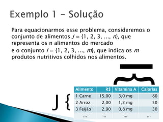 Para equacionarmos esse problema, consideremos o conjunto de alimentos J = {1, 2, 3, ..., n}, que representa os n alimentos do mercadoe o conjunto I = {1, 2, 3, ..., m}, que indica os m produtos nutritivos colhidos nos alimentos.Exemplo 1 - SoluçãoI{J {
