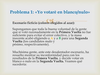 	Escenario ficticio (colores elegidos al azar):Supongamos que toda la buena voluntad de la gente que sí votó razonadamente en la Primera Vuelta no fue suficiente para evitar el error colectivo, y la masa inocente acabó eligiendo a A y a B para una Segunda Vuelta (los candidatos malo y pésimo, respectivamente). 	Muchísima gente, ante este desalentador escenario, ha resuelto mostrar su inconformidad para con los resultados de la Primera Vuelta, y decide votar en blanco o nulo en la Segunda Vuelta. Veamos qué sucedería:Problema 1: «Yo votaré en blanco/nulo»