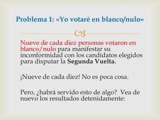 Nueve de cada diez personas votaron en blanco/nulo para manifestar su inconformidad con los candidatos elegidos para disputar la Segunda Vuelta. 	¡Nueve de cada diez! No es poca cosa.	Pero, ¿habrá servido esto de algo?  Vea de nuevo los resultados detenidamente:Problema 1: «Yo votaré en blanco/nulo»