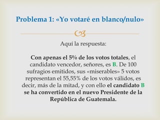 	Aquí la respuesta:Con apenas el 5% de los votos totales, el candidato vencedor, señores, es B. De 100 sufragios emitidos, sus «miserables» 5 votos representan el 55,55% de los votos válidos, es decir, más de la mitad, y con ello el candidato B se ha convertido en el nuevo Presidente de la República de Guatemala.Problema 1: «Yo votaré en blanco/nulo»