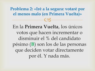 En la Primera Vuelta, los únicos votos que hacen incrementar o disminuir el % del candidato pésimo (B) son los de las personas que deciden votar directamente por él. Y nada más.Problema 2: «Iré a la segura: votaré por el menos malo (en Primera Vuelta)»