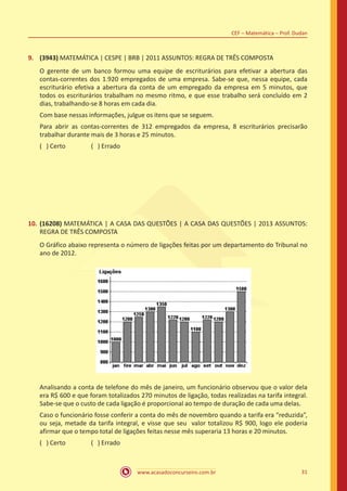 www.acasadoconcurseiro.com.br 31
CEF – Matemática – Prof. Dudan
9.	 (3943) MATEMÁTICA | CESPE | BRB | 2011 ASSUNTOS: REGRA DE TRÊS COMPOSTA
O gerente de um banco formou uma equipe de escriturários para efetivar a abertura das
contas-correntes dos 1.920 empregados de uma empresa. Sabe-se que, nessa equipe, cada
escriturário efetiva a abertura da conta de um empregado da empresa em 5 minutos, que
todos os escriturários trabalham no mesmo ritmo, e que esse trabalho será concluído em 2
dias, trabalhando-se 8 horas em cada dia.
Com base nessas informações, julgue os itens que se seguem.
Para abrir as contas-correntes de 312 empregados da empresa, 8 escriturários precisarão
trabalhar durante mais de 3 horas e 25 minutos.
( ) Certo		 ( ) Errado
10.	(16208) MATEMÁTICA | A CASA DAS QUESTÕES | A CASA DAS QUESTÕES | 2013 ASSUNTOS:
REGRA DE TRÊS COMPOSTA
O Gráfico abaixo representa o número de ligações feitas por um departamento do Tribunal no
ano de 2012.
Analisando a conta de telefone do mês de janeiro, um funcionário observou que o valor dela
era R$ 600 e que foram totalizados 270 minutos de ligação, todas realizadas na tarifa integral.
Sabe-se que o custo de cada ligação é proporcional ao tempo de duração de cada uma delas.
Caso o funcionário fosse conferir a conta do mês de novembro quando a tarifa era “reduzida”,
ou seja, metade da tarifa integral, e visse que seu valor totalizou R$ 900, logo ele poderia
afirmar que o tempo total de ligações feitas nesse mês superaria 13 horas e 20 minutos.
( ) Certo		 ( ) Errado
 