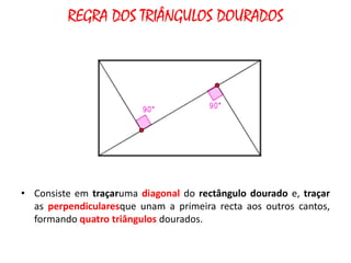 REGRA DOS TRIÂNGULOS DOURADOS




• Consiste em traçaruma diagonal do rectângulo dourado e, traçar
  as perpendicularesque unam a primeira recta aos outros cantos,
  formando quatro triângulos dourados.
 