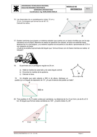 UNIVERSIDAD TECNOLOGICA NACIONAL
            FACULTAD REGIONAL RESISTENCIA
                                                                       MODULO DE
                                                                          MATEMATICA              TP4
                           SEMINARIO UNIVERSITARIO
                      Coordinadora: Ing. DURE,DIANA ANALIA



16. Las diagonales de un paralelogramo miden 10 cm y
    12 cm, y el ángulo que forman es de 48° 15'.
    Calcular los lados.




17. Existen camiones que poseen un sistema volcador que cuenta con un brazo movible que une la caja
    volcadora con el chasis. Mientras se realiza la operación de volcado, el brazo se extiende hasta
    alcanzar los 4 m de longitud, y su extremo superior se encuentra a una altura aproximada de 3,75 m
    con respecto al chasis.
    ¿Cuál es la amplitud aproximada del ángulo que forma el brazo con el chasis mientras se realiza el
    volcado?




18.      El perímetro de un pentágono regular es 25 cm.

         a) Halla la medida de cada lado y de cada ángulo central.
         b) Encontrar la medida de la apotema.
         c) Calcular el área.

 19.   Un dirigible que está volando a 800 m de altura, distingue un
 pueblo con un ángulo de depresión de 12° ¿A qué di stancia del pueblo se halla?
                                        .




20. Tres pueblos A, B y C están unidos por carreteras. La distancia de A a C es 6 km y la de B a C 9
    km. El ángulo que forman estas carreteras es 120° ¿Cuánto distan A y B?
                                                     .




MODULO MATEMÁTICA- U. T. N. – F. R. Re.                                                Página 7
 