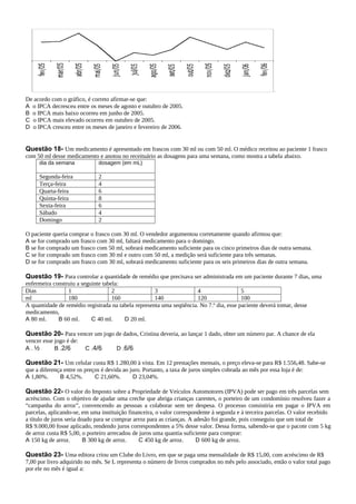 De acordo com o gráfico, é correto afirmar-se que:
A o IPCA decresceu entre os meses de agosto e outubro de 2005.
B o IPCA mais baixo ocorreu em junho de 2005.
C o IPCA mais elevado ocorreu em outubro de 2005.
D o IPCA cresceu entre os meses de janeiro e fevereiro de 2006.

_________
Questão 18- Um medicamento é apresentado em frascos com 30 ml ou com 50 ml. O médico receitou ao paciente 1 frasco
com 50 ml desse medicamento e anotou no receituário as dosagens para uma semana, como mostra a tabela abaixo.
      dia da semana            dosagem (em mL)

      Segunda-feira            2
      Terça-feira              4
      Quarta-feira             6
      Quinta-feira             8
      Sexta-feira              6
      Sábado                   4
      Domingo                  2

O paciente queria comprar o frasco com 30 ml. O vendedor argumentou corretamente quando afirmou que:
A se for comprado um frasco com 30 ml, faltará medicamento para o domingo.
B se for comprado um frasco com 50 ml, sobrará medicamento suficiente para os cinco primeiros dias de outra semana.
C se for comprado um frasco com 30 ml e outro com 50 ml, a medição será suficiente para três semanas.
D se for comprado um frasco com 30 ml, sobrará medicamento suficiente para os seis primeiros dias de outra semana.
________
Questão 19- Para controlar a quantidade de remédio que precisava ser administrada em um paciente durante 7 dias, uma
enfermeira construiu a seguinte tabela:
Dias             1                  2                3                4                  5
ml               180                160              140              120                100
A quantidade de remédio registrada na tabela representa uma seqüência. No 7.º dia, esse paciente deverá tomar, desse
medicamento,
A 80 ml.     B 60 ml.      C 40 ml.     D 20 ml.
________
Questão 20- Para vencer um jogo de dados, Cristina deveria, ao lançar 1 dado, obter um número par. A chance de ela
vencer esse jogo é de:
A.½         B .2/6       C .4/6       D .6/6

Questão 21- Um celular custa R$ 1.280,00 à vista. Em 12 prestações mensais, o preço eleva-se para R$ 1.556,48. Sabe-se
que a diferença entre os preços é devida ao juro. Portanto, a taxa de juros simples cobrada ao mês por essa loja é de:
A 1,80%.      B 4,52%.       C 21,60%.       D 23,04%.
_________
Questão 22- O valor do Imposto sobre a Propriedade de Veículos Automotores (IPVA) pode ser pago em três parcelas sem
acréscimo. Com o objetivo de ajudar uma creche que abriga crianças carentes, o porteiro de um condomínio resolveu fazer a
“campanha do arroz”, convencendo as pessoas a colaborar sem ter despesa. O processo consistiria em pagar o IPVA em
parcelas, aplicando-se, em uma instituição financeira, o valor correspondente à segunda e à terceira parcelas. O valor recebido
a título de juros seria doado para se comprar arroz para as crianças. A adesão foi grande, pois conseguiu que um total de
R$ 9.000,00 fosse aplicado, rendendo juros correspondentes a 5% desse valor. Dessa forma, sabendo-se que o pacote com 5 kg
de arroz custa R$ 5,00, o porteiro arrecadou de juros uma quantia suficiente para comprar:
A 150 kg de arroz.        B 300 kg de arroz.    C 450 kg de arroz.       D 600 kg de arroz.
________
Questão 23- Uma editora criou um Clube do Livro, em que se paga uma mensalidade de R$ 15,00, com acréscimo de R$
7,00 por livro adquirido no mês. Se L representa o número de livros comprados no mês pelo associado, então o valor total pago
por ele no mês é igual a:
 