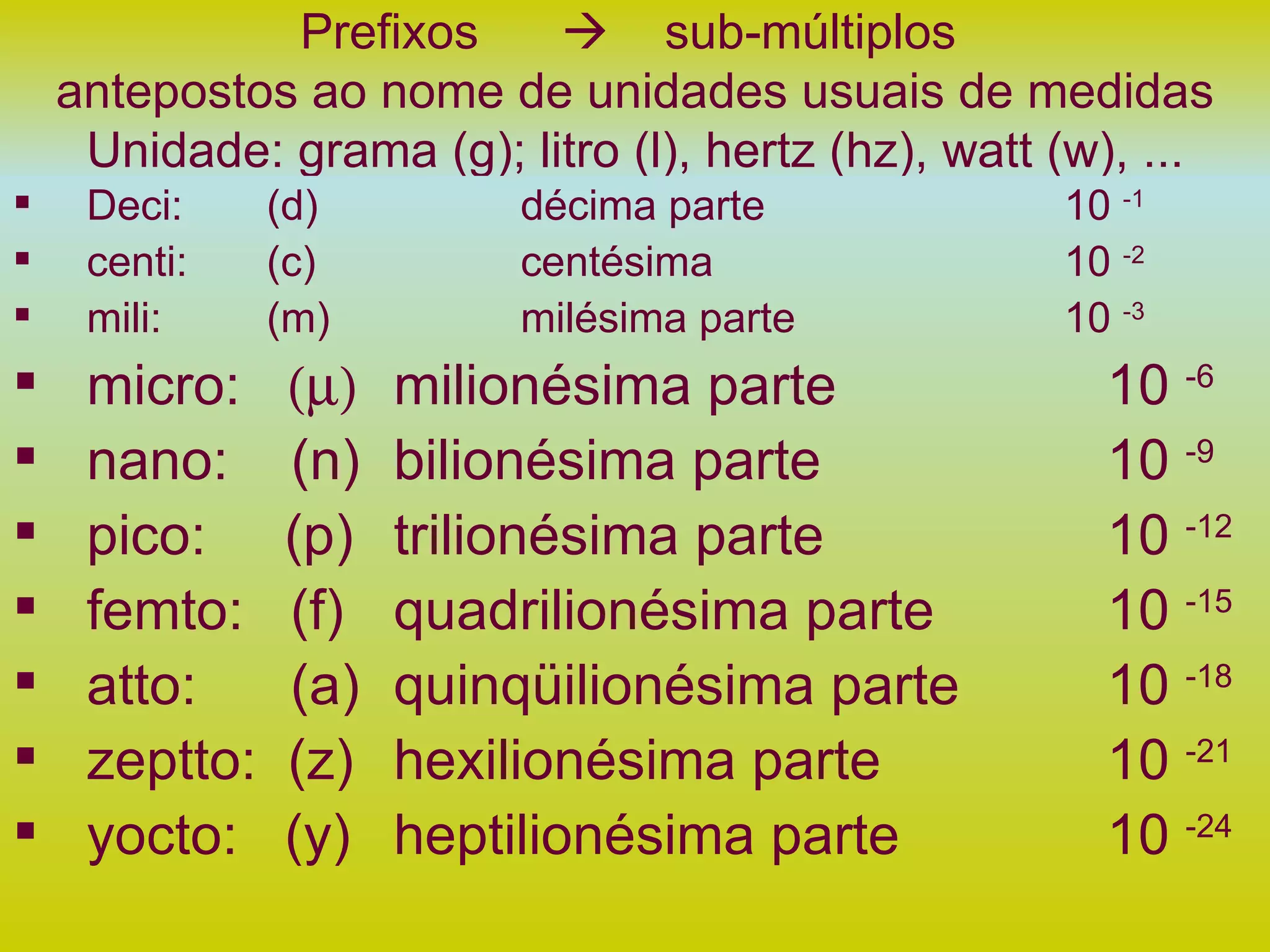 Prefixos     sub-múltiplos  antepostos ao nome de unidades usuais de medidas Unidade: grama (g); litro (l), hertz (hz), watt (w), ... Deci:  (d) décima parte     10  -1 centi:  (c) centésima   10  -2 mili: (m) milésima parte   10  -3 micro:   milionésima parte     10  -6 nano:  (n) bilionésima parte   10  -9 pico:  (p) trilionésima parte   10  -12 femto:  (f) quadrilionésima parte   10  -15 atto:  (a) quinqüilionésima parte   10  -18 zeptto:  (z) hexilionésima parte     10  -21 yocto:  (y) heptilionésima parte     10  -24 