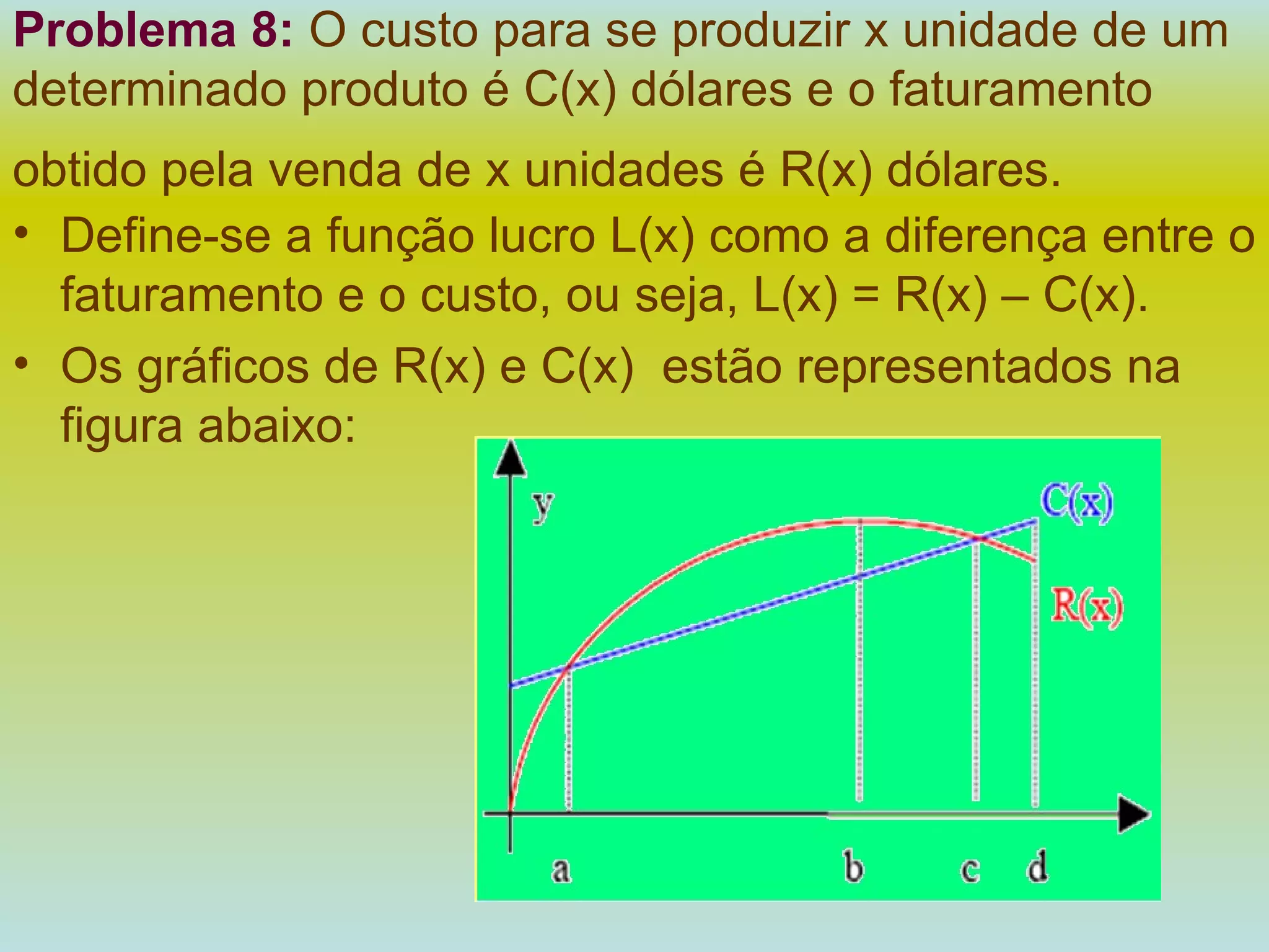 Problema 8:   O custo para se produzir x unidade de um determinado produto é C(x) dólares e o faturamento obtido pela venda de x unidades é R(x) dólares.   Define-se a função lucro L(x) como a diferença entre o faturamento e o custo, ou seja, L(x) = R(x) – C(x).  Os gráficos de R(x) e C(x)  estão representados na figura abaixo: 