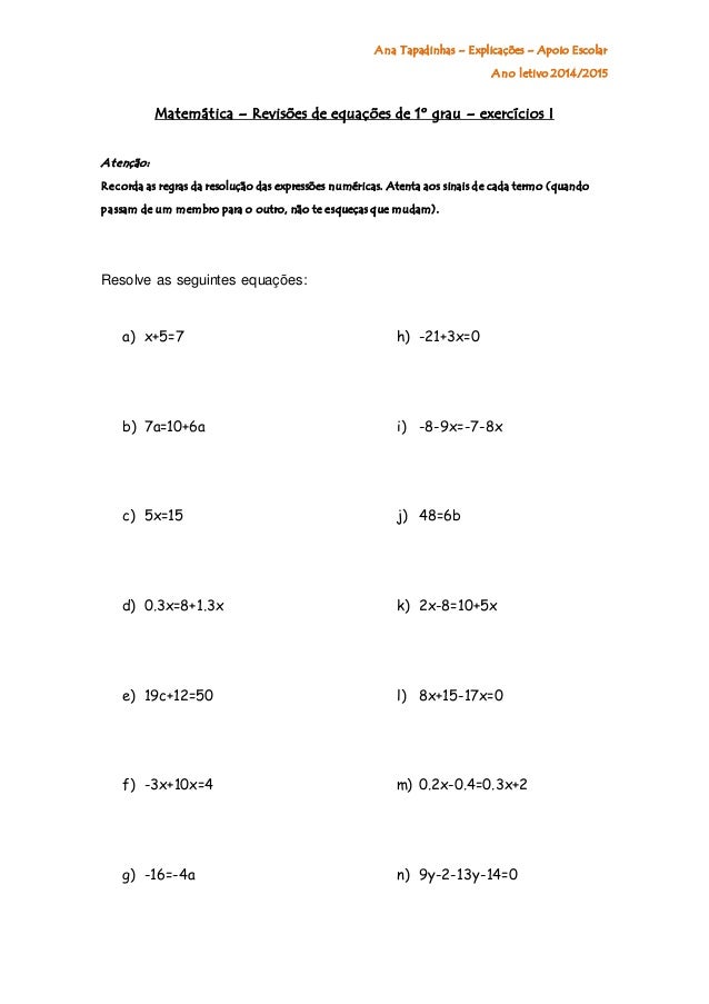 Matemática equações de 1 grau exercícios ficha 1