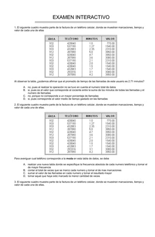EXAMEN INTERACTIVO
1. El siguiente cuadro muestra parte de la factura de un teléfono celular, donde se muestran marcaciones, tiempo y
valor de cada una de ellas
Al observar la tabla ¿podemos afirmar que el promedio de tiempo de las llamadas de este usuario es 2.71 minutos?
A. no, pues al realizar la operación no se tuvo en cuenta el numero total de datos
B. si, pues es el valor que corresponde al cociente entre la suma de los minutos de todas las llamadas y el
numero de llamadas
C. no, porque no corresponde a un mayor porcentaje de llamadas
D. si, pues corresponde al valor medio de tiempo gastado en las llamadas
2. El siguiente cuadro muestra parte de la factura de un teléfono celular, donde se muestran marcaciones, tiempo y
valor de cada una de ellas.
Para averiguar cual teléfono corresponde a la moda en esta tabla de datos, se debe
A. realizar una nueva tabla donde se especifique la frecuencia absoluta de cada numero telefónico y tomar el
de mayor frecuencia
B. contar el total de veces que se marco cada numero y tomar el de mas marcaciones
C. sumar el valor de las llamadas en cada numero y tomar el resultado mayor
D. tomar aquel que haya sido marcado la menor cantidad de veces
3. El siguiente cuadro muestra parte de la factura de un teléfono celular, donde se muestran marcaciones, tiempo y
valor de cada una de ellas.
 