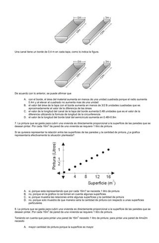 Una canal tiene un borde de 0.4 m en cada tapa, como lo indica la figura.
De acuerdo con lo anterior, se puede afirmar que
A. con el borde, el área del material aumenta en menos de una unidad cuadrada porque el radio aumenta
0.4m y al elevar al cuadrado no aumenta mas de una unidad
B. el valor del área de la tapa con el borde aumenta en menos de 3/2 B unidades cuadradas que es
aproximadamente el valor de la diferencia de las áreas
C. el valor de la longitud del canal de la tapa del borde aumenta 0.4B unidades que es el valor de la
diferencia utilizando la formula de longitud de la circunferencia
D. el valor de la longitud del borde total del semicírculo aumenta en 0.4B+0.8m
7. La pintura que se gasta para cubrir una vivienda es directamente proporcional a la superficie de las paredes que se
desean pintar. Por cada 16m
2
de pared de una vivienda se requiere 1 litro de pintura.
Si se quisiera representar la relación entre las superficies de las paredes y la cantidad de pintura ¿La grafica
representaría efectivamente la situación planteada?
A. si, porque esta representando que por cada 16m? se necesita 1 litro de pintura
B. no, porque en la grafica no se toman en cuenta algunas superficies
C. si, porque muestra las relaciones entre algunas superficies y la cantidad de pintura
D. no, porque solo muestra de que manera varia la cantidad de pintura con respecto a unas superficies
particulares
8. La pintura que se gasta para cubrir una vivienda es directamente proporcional a la superficie de las paredes que se
desean pintar. Por cada 16m
2
de pared de una vivienda se requiere 1 litro de pintura.
Teniendo en cuenta que para pintar una pared de 16m
2
necesito 1 litro de pintura; para pintar una pared de 4mx2m
necesito
A. mayor cantidad de pintura porque la superficie es mayor
 