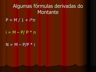 Algumas fórmulas derivadas do Montante P = M / 1 + i*ni = M – P/ P * nN = M – P/P * i