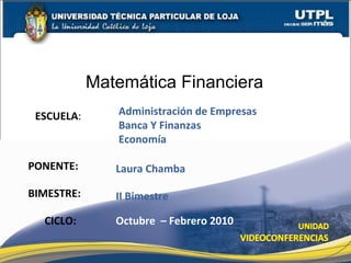 ESCUELA : PONENTE: BIMESTRE:  CICLO: II Bimestre Octubre  – Febrero 2010 Laura Chamba Administración de Empresas Banca Y Finanzas Economía Matemática Financiera 