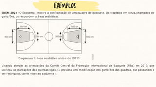 ENEM 2021 - O Esquema I mostra a configuração de uma quadra de basquete. Os trapézios em cinza, chamados de
garrafões, correspondem a áreas restritivas.
Visando atender as orientações do Comitê Central da Federação Internacional de Basquete (Fiba) em 2010, que
unificou as marcações das diversas ligas, foi prevista uma modificação nos garrafões das quadras, que passariam a
ser retângulos, como mostra o Esquema II.
 