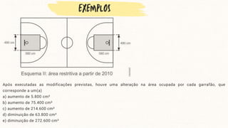 Após executadas as modificações previstas, houve uma alteração na área ocupada por cada garrafão, que
corresponde a um(a)
a) aumento de 5.800 cm²
b) aumento de 75.400 cm²
c) aumento de 214.600 cm²
d) diminuição de 63.800 cm²
e) diminuição de 272.600 cm²
 