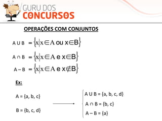 { }Bxou ∈∈= Axx
{ }Bxou ∈∈= Axx
{ }Bxou ∈∈= Axx
OPERAÇÕES	
  COM	
  CONJUNTOS	
  
A	
  ∩	
  B	
  
A	
  U	
  B	
  
A	
  –	
  B	
  
{ }Bxou ∈∈= Axx
{ }Bxe ∈∈= Axx
{ }Bxe ∉∈= Axx
Ex:	
  
	
  A	
  =	
  {a,	
  b,	
  c}	
  
	
  B	
  =	
  {b,	
  c,	
  d}	
  
A	
  U	
  B	
  =	
  {a,	
  b,	
  c,	
  d}	
  
A	
  ∩	
  B	
  =	
  {b,	
  c}	
  
A	
  –	
  B	
  =	
  {a}	
  
 