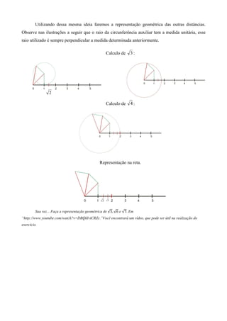 Utilizando dessa mesma ideia faremos a representação geométrica das outras distâncias.
Observe nas ilustrações a seguir que o raio da circunferência auxiliar tem a medida unitária, esse
raio utilizado é sempre perpendicular a medida determinada anteriormente.

                                                    Calculo de      3:




                 2

                                                    Calculo de      4:




                                                 Representação na reta.




         Sua vez... Faça a representação geométrica de √5, √6 e √7. Em
“http://www.youtube.com/watch?v=DBQkIviCRZc.”Você encontrará um vídeo, que pode ser útil na realização do
exercício.
 