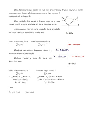 Para determinarmos as trações em cada cabo primeiramente devemos projetar as trações
em um eixo coordenado relativo, tomando como origem o ponto C,
como mostrado na ilustração.

        Para resolução deste exercício devemos notar que o corpo
esta em equilíbrio logo a resultante das forças será igual a zero.

        Assim podemos escrever que a soma das forças projetadas
nos eixos respectivos também será igual a zero.




Soma das forças no eixo x.    Soma das forças no eixo Y.
          ∑F  x   =0                    ∑F  y   =0

        Depois de projetadas as forças nos eixos x e y,
teremos a seguinte representação:

        Bastando realizar a soma das forças nos
respectivos eixos.




Soma das forças no eixo x.           Soma das forças no eixo Y.
          ∑F  x   =0                             ∑F  y   =0
− TCA .Cos50º + TCB .Cos30º = 0      TCA .Sen50º + TCB .Sen30º − 400 = 0
     0,866 TCB = 0,643TCA             TCA .Sen50º + 0,742.Sen30º − 400 = 0
        TCB = 0,742TCA                          TCA = 351,75 N

Logo:

TCA = 351,75 N         TCB = 261N
 