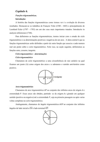 Capitulo 6.
        Funções trigonométricas.
        Introdução:
        A história das funções trigonométricas como iremos ver é a evolução de diversos
resultados. Destacam-se os trabalhos de François Viéte (1540 - 1603) e principalmente de
Leonhard Euler (1707 - 1783) em um dos seus mais importantes tratados: Introductio in
analysin infinitorum (1748).
        Para definirmos as funções trigonométricas, iremos iniciar com o estudo do ciclo
trigonométrico e as determinações positivas e negativas de um arco. A ideia central é que as
funções trigonométricas serão definidas a partir de outra função que associa a cada numero
real um ponto sobre o ciclo trigonométrico. Feito isso, na seção seguinte, definiremos as
funções seno, cosseno, tangente.
        Ciclo trigonométrico – determinações
        Ciclo trigonométrico
        Chamamos de ciclo trigonométrico a uma circunferência de raio unitário na qual
fixamos um ponto (A) como origem dos arcos e a adotamos o sentido anti-horário como
positivo.




        Arco trigonométrico
        Chamamos de arco trigonométrico	‫ ܲܣ‬ao conjunto dos infinitos arcos de origem ‫ ܣ‬e
extremidade ܲ . Esses arcos são obtidos, partindo- se da origem ‫ ܣ‬e girando em qualquer
sentido (positivo ou negativo) até a extremidade ܲ, seja na primeira passagem ou após varias
voltas completas no ciclo trigonométrico.
        Analogamente, chamamos de ângulo trigonométrico	‫	ܱܲܣ‬ao conjunto dos infinitos
ângulos de lado inicial a ሬሬሬሬሬԦ e lado terminal ሬሬሬሬሬԦ.
                          ܱ‫ܣ‬                     ܱܲ
 
