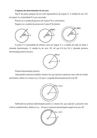 Conjunto das determinações de um arco
       Seja P um ponto qualquer de um ciclo trigonométrico de origem A. A medida do arco AP,
de origem A e extremidade P é, por convenção:
       Positiva se o sentido do percurso de A para P for o anti-horário.
       Negativo se o sentido de percurso de A para P for horário




       O ponto P é extremidade de infinitos arcos de origem A e a medida de cada um deles é
chamada determinação. A medida ∝଴ do arco AP, tal que 0 ൑	∝଴ ൏ 2ߨ é chamada primeira
determinação positiva do arco.




       Primeira determinação positiva
       Adicionando à primeira medida o numero 2ߨ , que equivale a percorrer uma volta do sentido
anti-horário, obtém-se o numero ∝଴ ൅ 2ߨ que é a segunda determinação positiva de ‫ܲܣ‬




       Subtraindo da primeira determinação positiva o número 2ߨ , que equivale a percorrer uma
volta no sentido horário, obtém-se ∝଴ െ 	2ߨ que é a primeira determinação negativa do arco ‫. ܲܣ‬
 