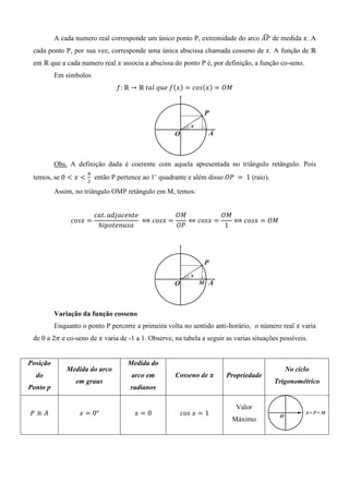 ෢
          A cada numero real corresponde um único ponto P, extremidade do arco ‫ ܲܣ‬de medida ‫ . ݔ‬A
 cada ponto P, por sua vez, corresponde uma única abscissa chamada cosseno de ‫ . ݔ‬A função de Թ
 em Թ que a cada numero real ‫ ݔ‬associa a abscissa do ponto P é, por definição, a função co-seno.
          Em símbolos
                                ݂: Թ → Թ	‫݂	݁ݑݍ	݈ܽݐ‬ሺ‫ݔ‬ሻ ൌ ܿ‫ݏ݋‬ሺ‫ݔ‬ሻ ൌ ܱ‫ܯ‬




          Obs. A definição dada é coerente com aquela apresentada no triângulo retângulo. Pois
                     గ
 temos, se 0 ൏ ‫ ݔ‬൏       então P pertence ao 1˚ quadrante e além disso ܱܲ	 ൌ 	1 (raio).
                     ଶ

          Assim, no triângulo OMP retângulo em M, temos:


                         ܿܽ‫݁ݐ݆݊݁ܿܽ݀ܽ .ݐ‬            ܱ‫ܯ‬          ܱ‫ܯ‬
               ܿ‫ ݔݏ݋‬ൌ                   	 ⟺ ܿ‫ ݔݏ݋‬ൌ    ⇔ ܿ‫ ݔݏ݋‬ൌ    ⟺ ܿ‫ ݔݏ݋‬ൌ ܱ‫ܯ‬
                          ݄݅‫ܽݏݑ݊݁ݐ݋݌‬               ܱܲ           1




          Variação da função cosseno
          Enquanto o ponto P percorre a primeira volta no sentido anti-horário, o número real ‫ ݔ‬varia
 de 0 a 2ߨ e co-seno de ‫ ݔ‬varia de -1 a 1. Observe, na tabela a seguir as varias situações possíveis.


Posição                             Medida do
              Medida do arco                                                                 No ciclo
  do                                  arco em        Cosseno de ࢞      Propriedade
                 em graus                                                                 Trigonométrico
Ponto p                              radianos

                                                                           Valor
ܲ≡‫ܣ‬               ‫ ݔ‬ൌ 0°               ‫ݔ‬ൌ0             ܿ‫ ݔ	ݏ݋‬ൌ 1
                                                                         Máximo
 